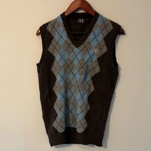 💯 WOOL - Simons V-Neck Argyle Sweater Vest - Light Blue and Dark Gray